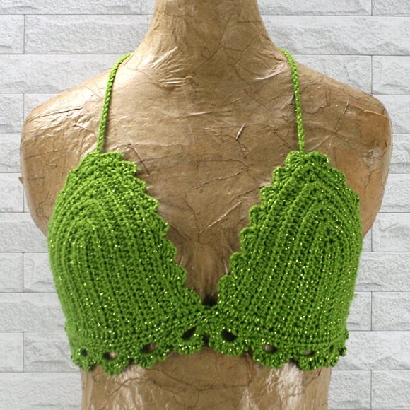 Hand Crafted Tops - HAND CRAFTED Crop Top Crochet Bikini Green Metallic Festival Rave Various